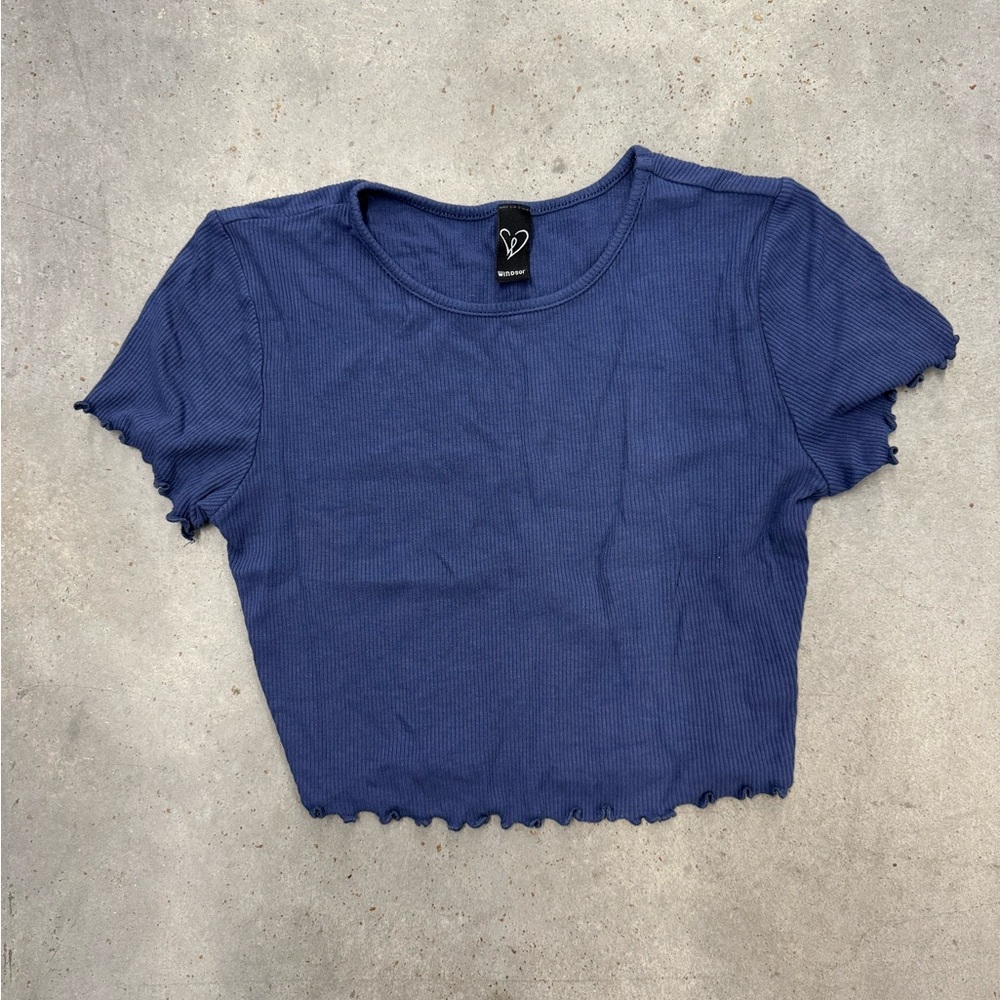 Windsor Ribbed Crop Baby Tee | Size L | Blue Lettuce Hem Top